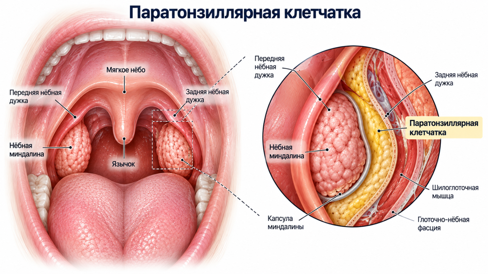 Расположение паратонзиллярной клетчатки относительно миндалины